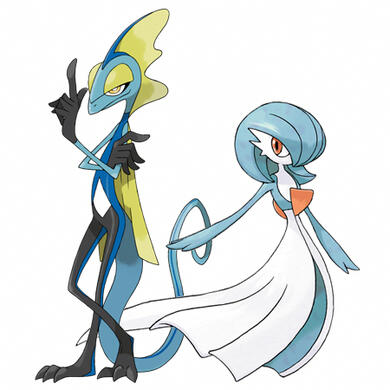 Official art of the Pokémon Inteleon and Gardevoir. The Gardevoir is Shiny.